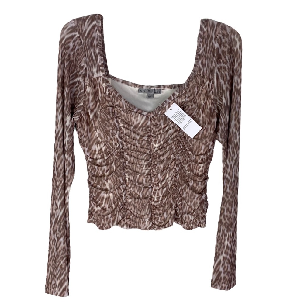 Womens Animal Print Mesh Ruched Top Shirt Size XL Stretch Brown Preppy Y2K New